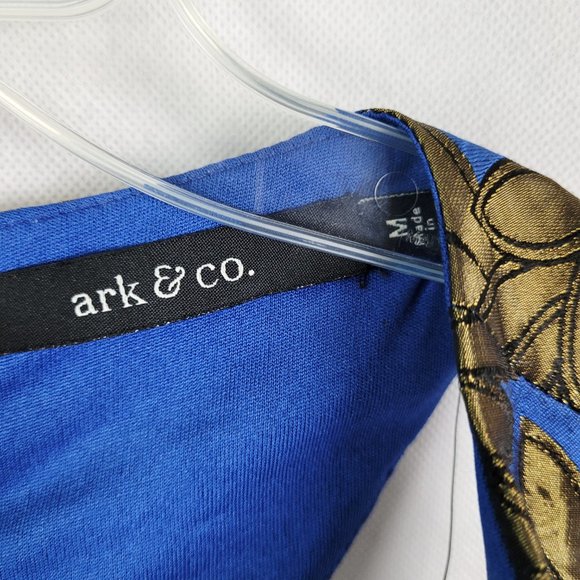 Arc & Co. Women's Dress M Blue Gold Metallic Halter Style Open Back Fit & Flare - Picture 6 of 11